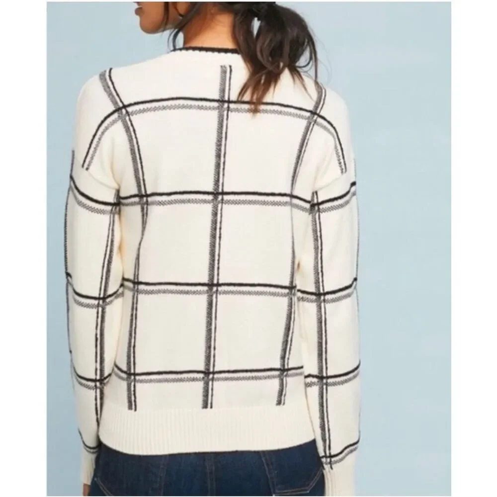 Moth Anthropologie Black White Windowpane Plaid V-Neck Sweater Size Medium